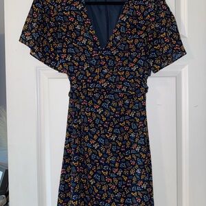 Madewell Blue and Yellow Wrap Tie Front Midi Dress